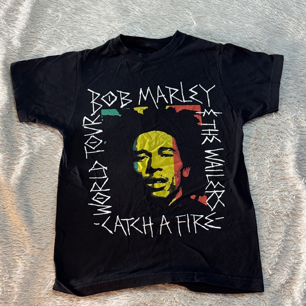 Zion Rootswear Bob Marley Catch A Fire Black Tee with Red Yellow Green Graphic